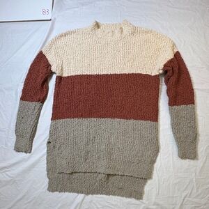 Womens Color Block Mock Neck Popcorn Knit‎ Sweater Cream Rust Gray Medium